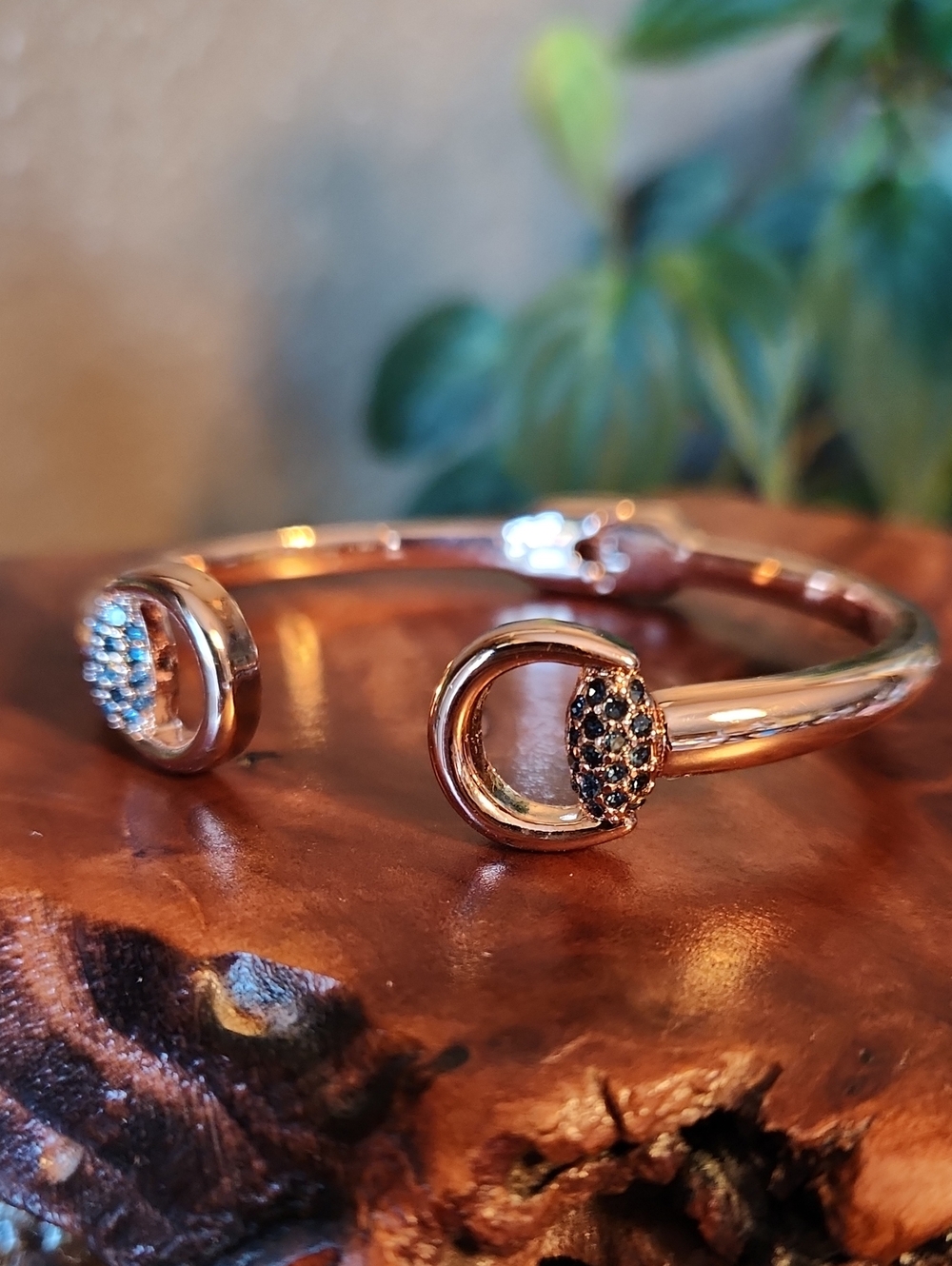 bp Rose Gold Open Cuff Bracelet with Blue Stones, Hinged